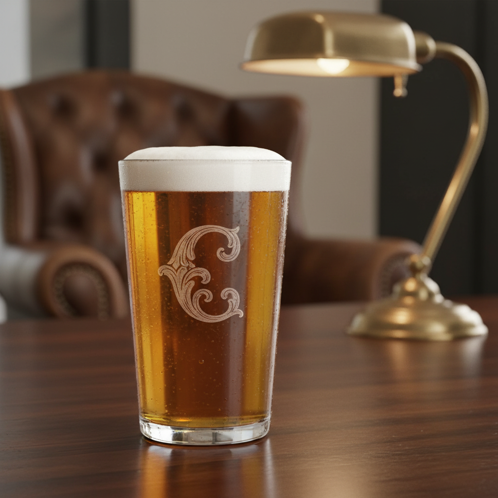 Filigree Personalized Initial Pint Glass lifestyle shot showing the ornate filigree single initial engraving in a real-world setting