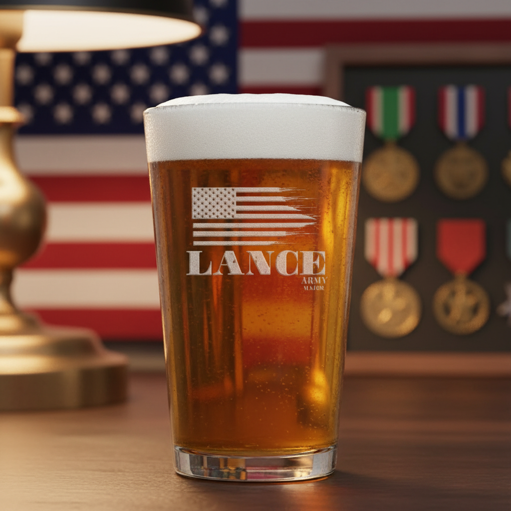 American Heroes Personalized Pint Glass lifestyle shot showing the tattered American flag with service member name and branch engraving in a real-world setting