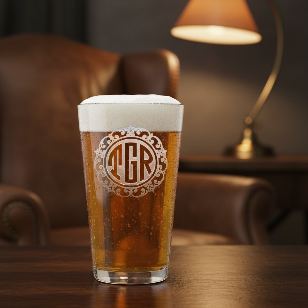Initial Monogram Personalized Pint Glass lifestyle shot showing the ornate 3-letter monogram inside filigree border engraving in a real-world setting