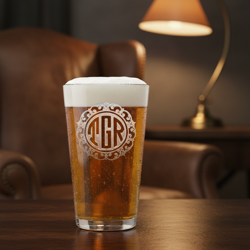 Initial Monogram Personalized Pint Glass lifestyle shot showing the ornate 3-letter monogram inside filigree border engraving in a real-world setting