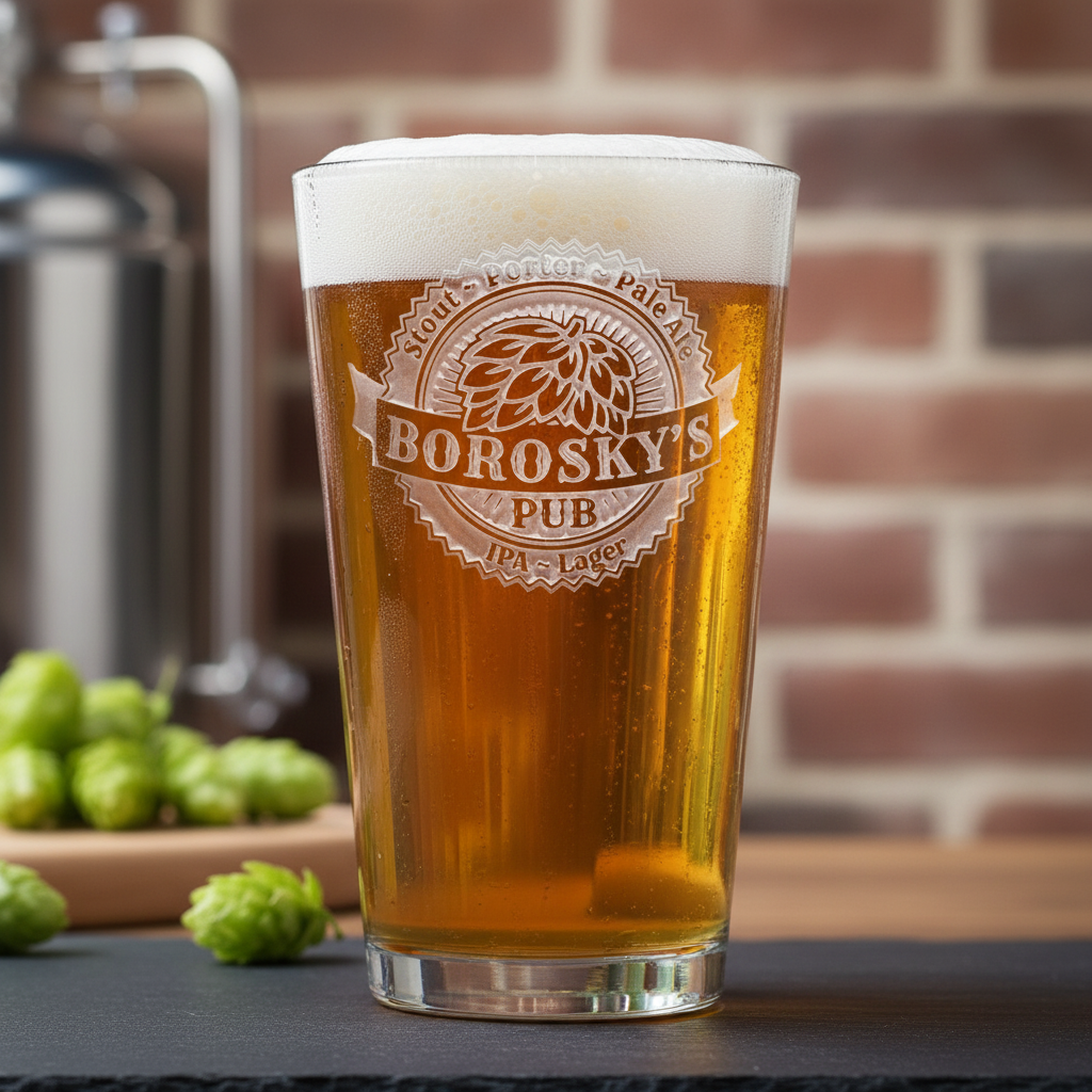 Home Brewer Personalized Pint Glass lifestyle shot showing the family pub name with hops home brew badge engraving in a real-world setting