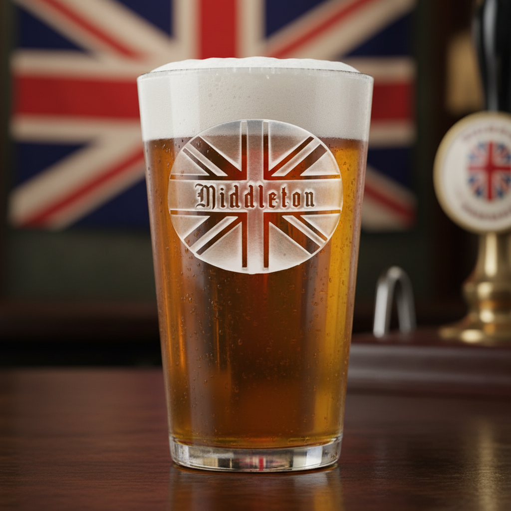 Union Jack Personalized Pint Glass lifestyle shot showing the Union Jack flag with name overlay engraving in a real-world setting