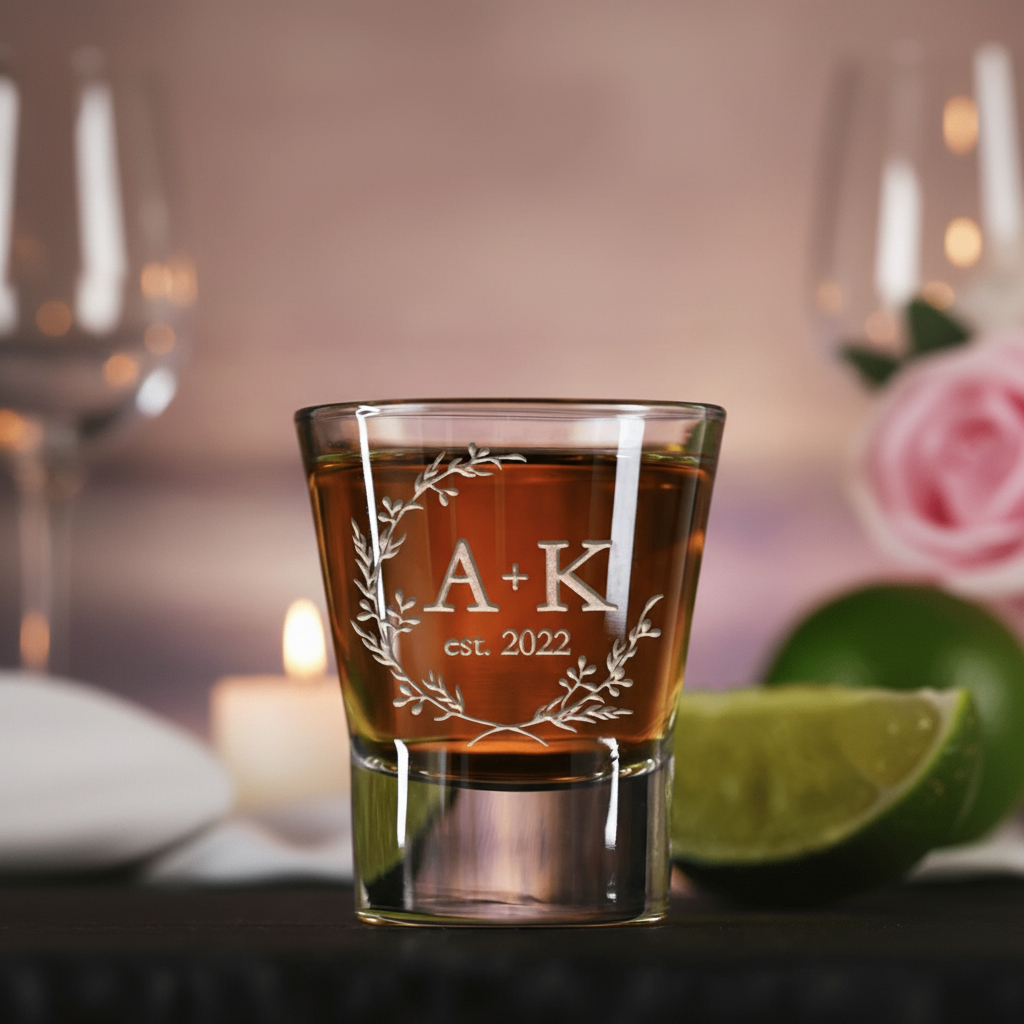 Better Halves Personalized Couples Shot Glass lifestyle shot showing the two initials with plus sign and 'est. [year]' couples design engraving in a real-world setting