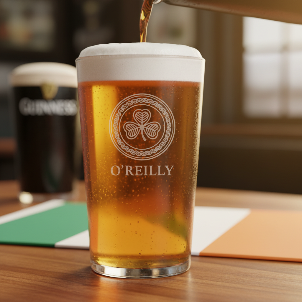 Celtic Knot Personalized Irish Pint Glass lifestyle shot showing the Celtic knot shamrock with family last name engraving in a real-world setting