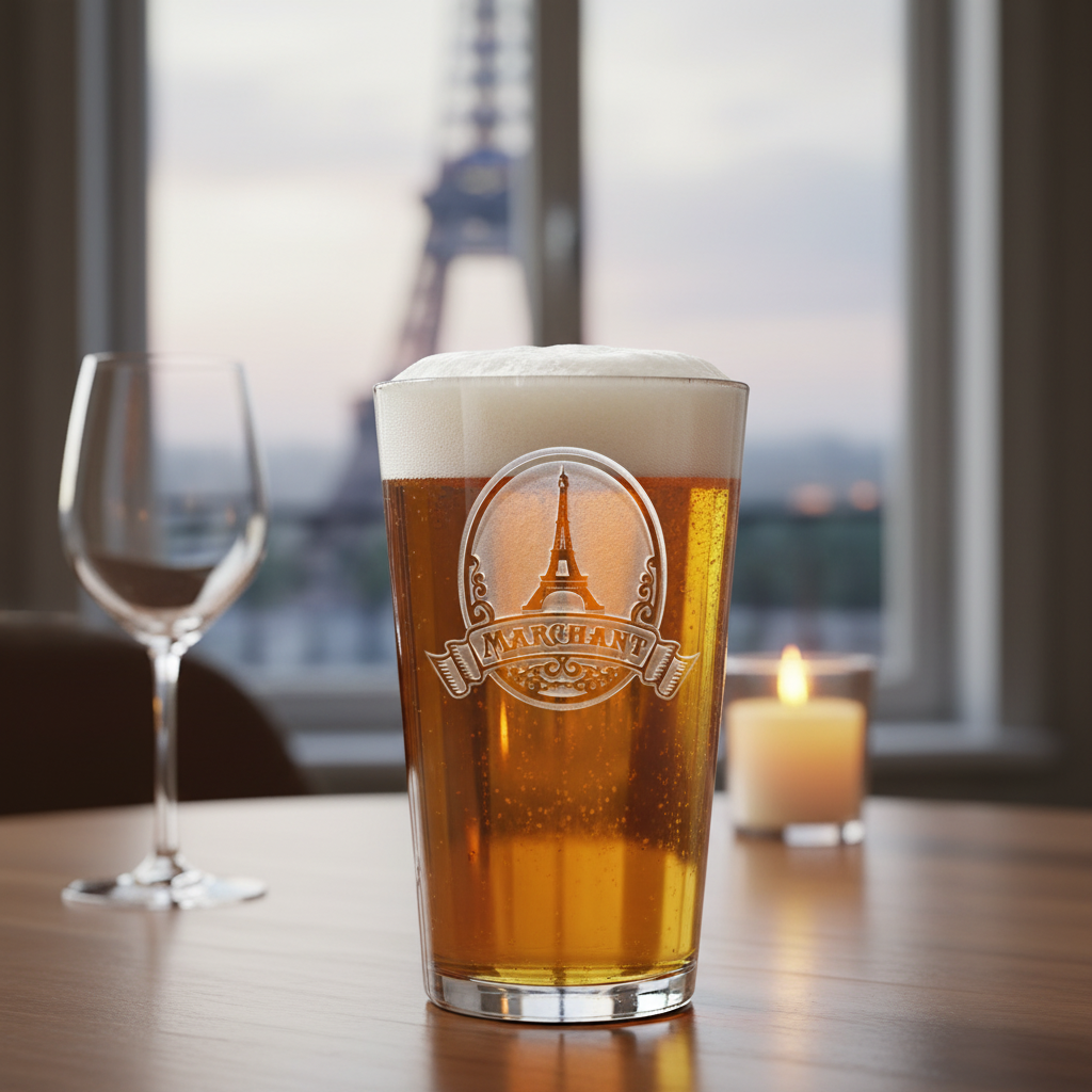 Paris Skyline Personalized Pint Glass lifestyle shot showing the Eiffel Tower with name banner engraving in a real-world setting