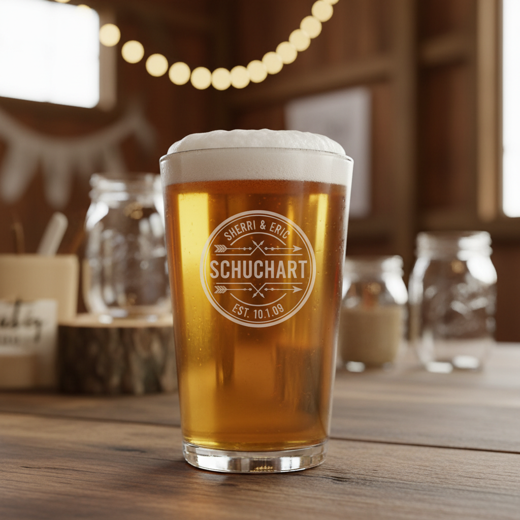 Rustic Arrows Personalized Wedding Pint Glass lifestyle shot showing the rustic arrows wedding design with couple names, family name, and wedding date engraving in a real-world setting