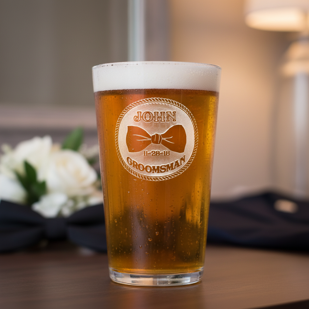 Bowtie Groomsmen Personalized Pint Glass lifestyle shot showing the name with bowtie, wedding date and 'GROOMSMAN' label engraving in a real-world setting