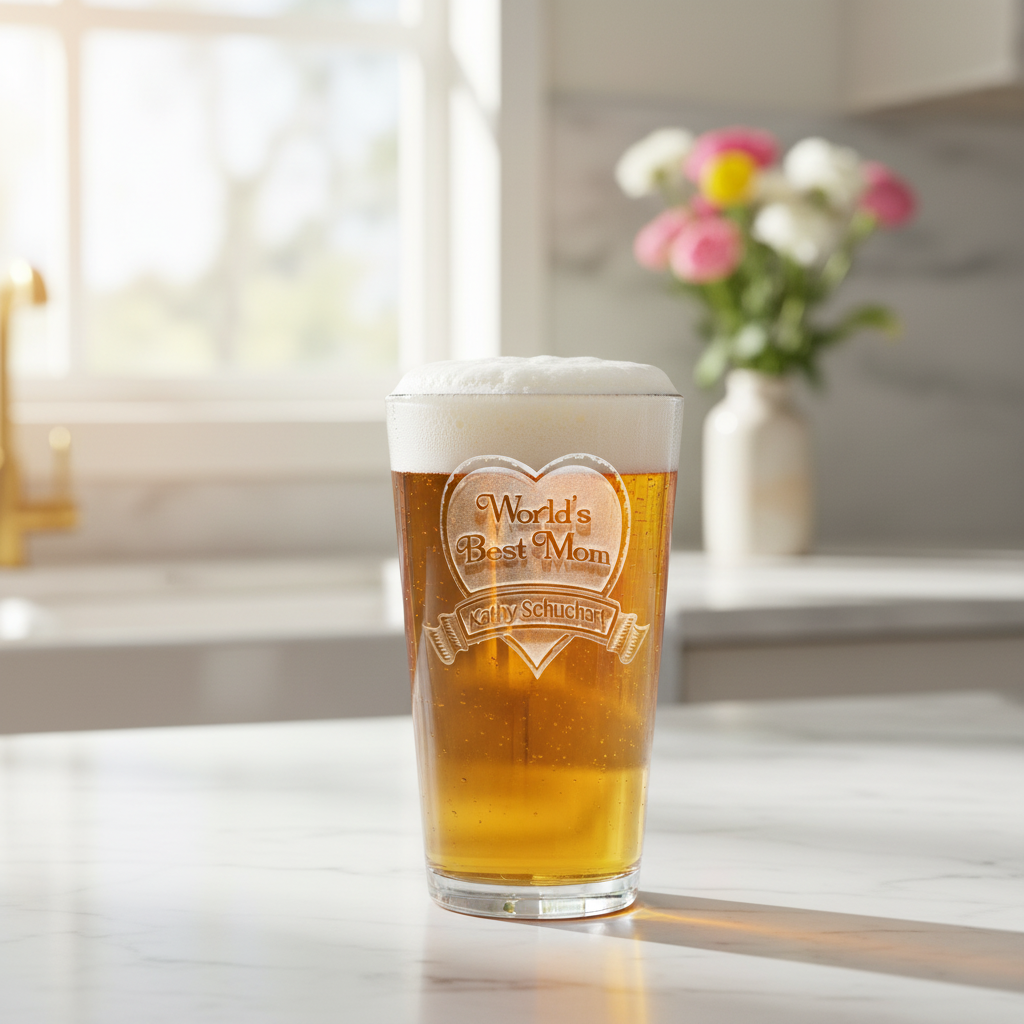 World's Best Mom Personalized Pint Glass lifestyle shot showing the heart with World's Best Mom text and name banner engraving in a real-world setting