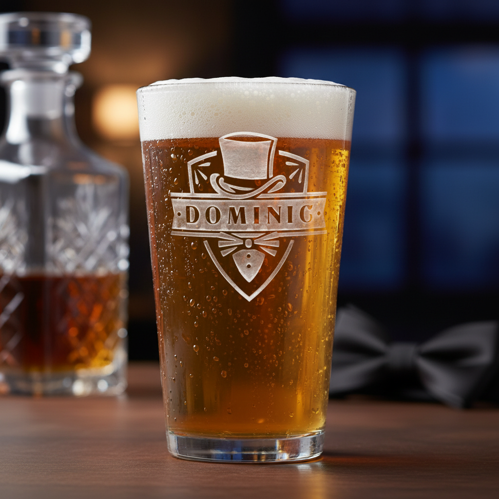 Top Hat Tuxedo Personalized Pint Glass lifestyle shot showing the tuxedo top hat shield with name banner engraving in a real-world setting