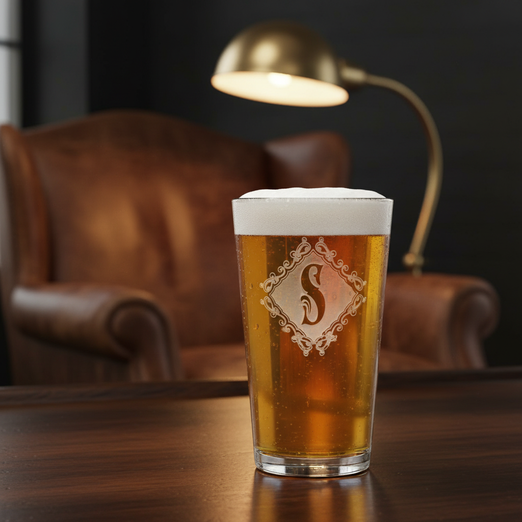 Diamond Crest Personalized Pint Glass lifestyle shot showing the ornate single initial in diamond filigree crest engraving in a real-world setting