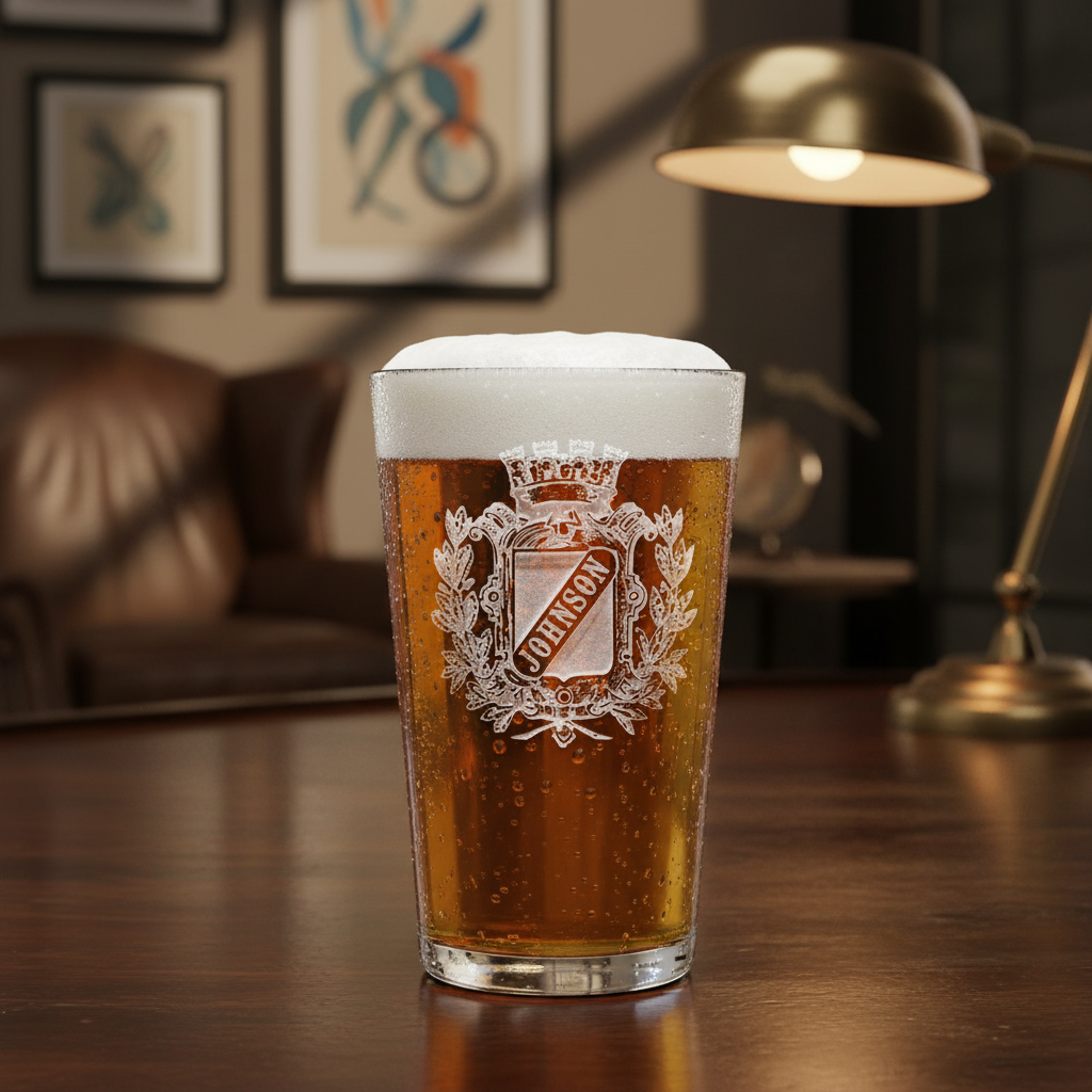 House Crest Personalized Pint Glass lifestyle shot showing the heraldic family crest with castle towers and family name banner engraving in a real-world setting