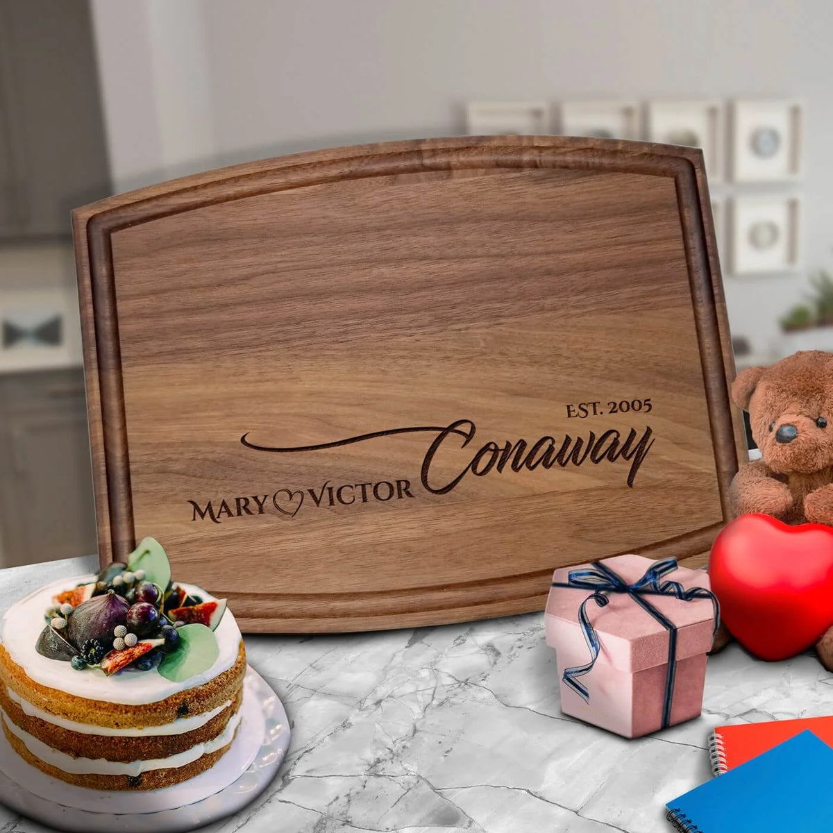 The Lovers personalized couples cutting board engraved with names and wedding date, large wood board