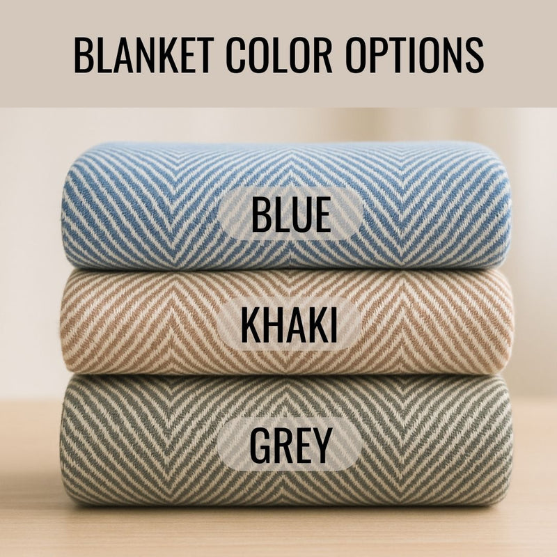 Three rolled throw blankets stacked vertically showing color options: blue with white chevron pattern on top, khaki in the middle, and grey with white chevron pattern on bottom.