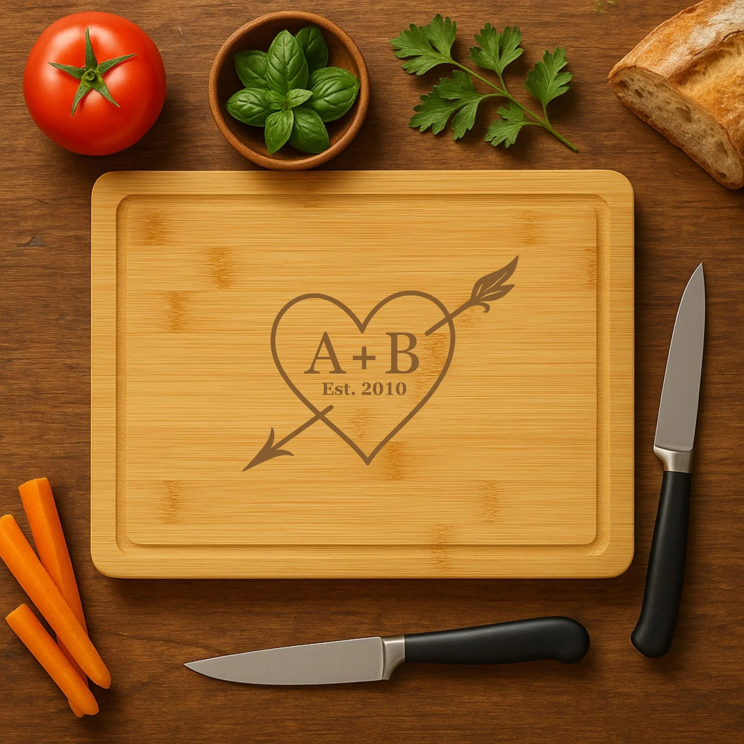 Heart and arrow personalized cutting board for couples engraved with names, romantic kitchen gift