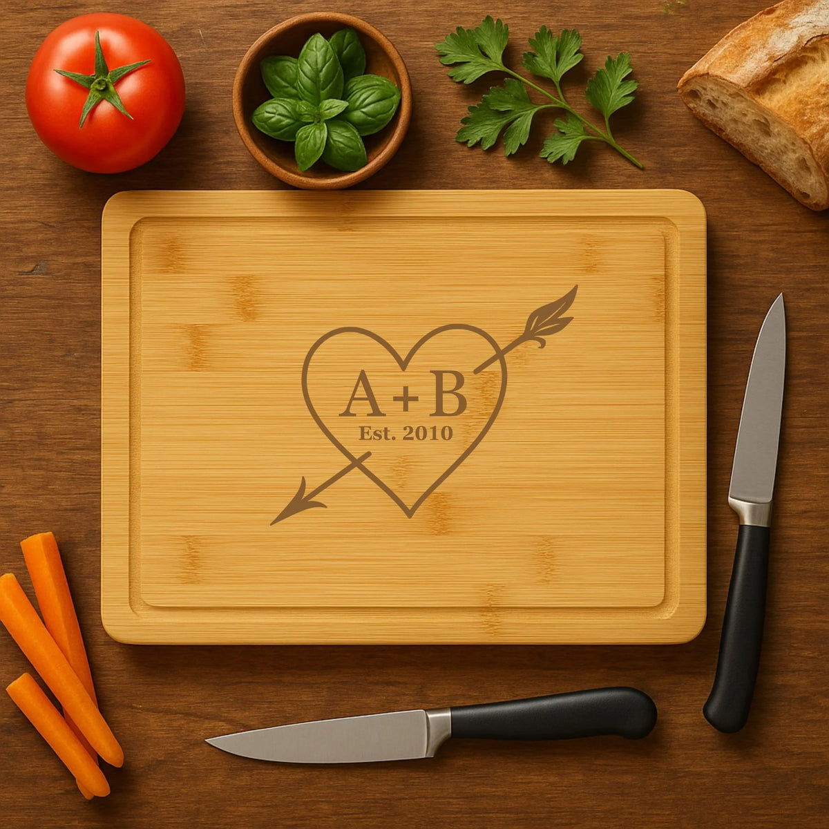 Personalized Bamboo Cutting Board with heart and arrow design engraved with initials and established year