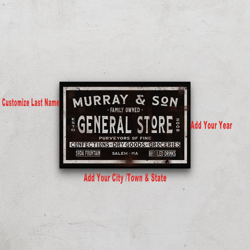Customization preview showing text placement areas for family name, established year, and city/town and state on vintage general store sign canvas