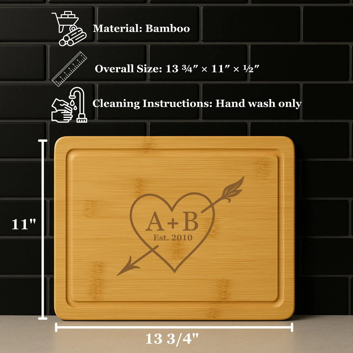 Personalized bamboo anniversary cutting board with heart and initials design