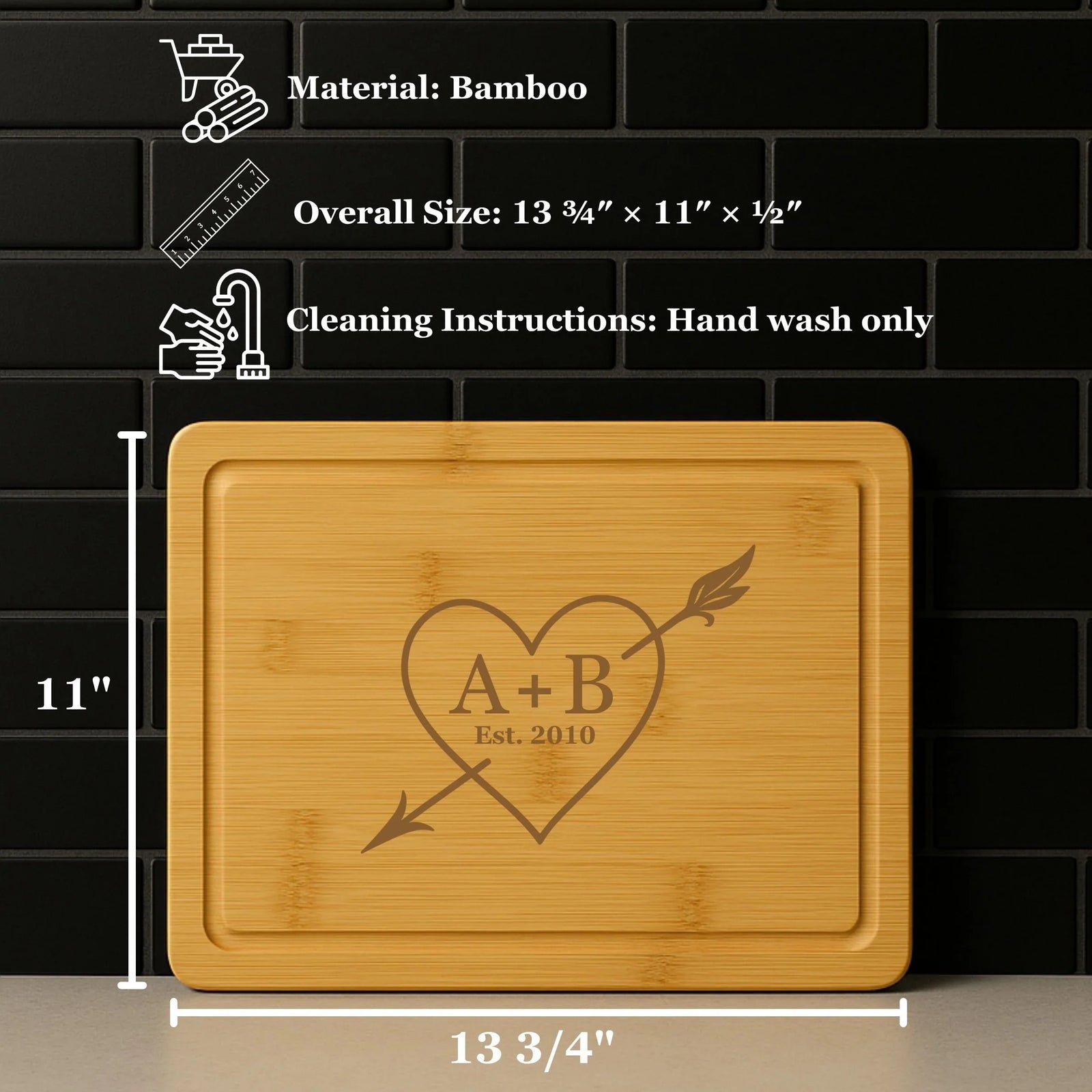 Personalized Bamboo Cutting Board with heart and arrow design engraved with initials and established year