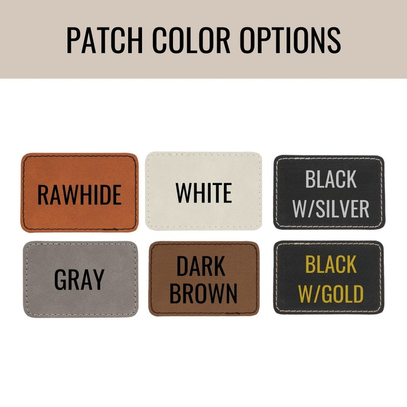 Six leather patches displaying available color options: rawhide, white, dark brown, gray, black with silver embroidery, and black with gold embroidery