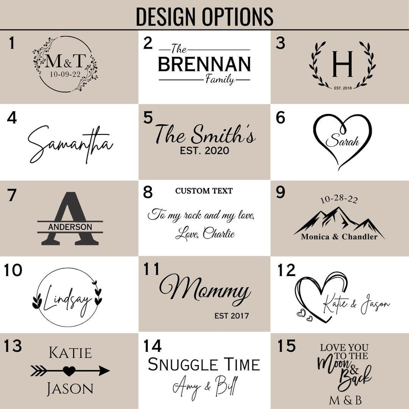 Grid of 15 design options for blanket personalization, including monograms, family names, initials, dates, and custom text examples