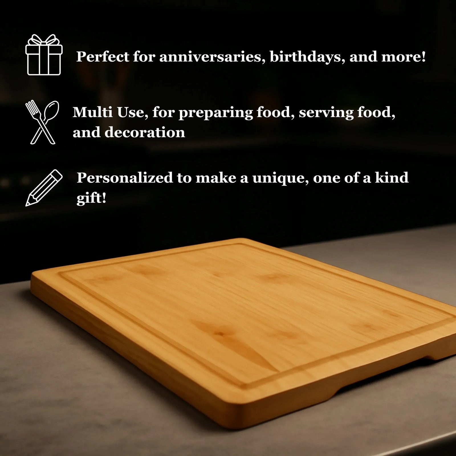 Personalized bamboo anniversary cutting board with heart and initials design