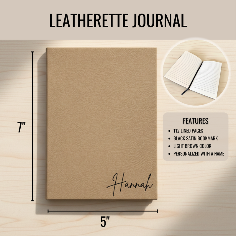 Light brown leather-bound journal with engraved sample name "Hannah" on lower front cover, shown with dimensions of 5 inches wide by 7 inches tall, featuring 112 lined pages and black satin bookmark