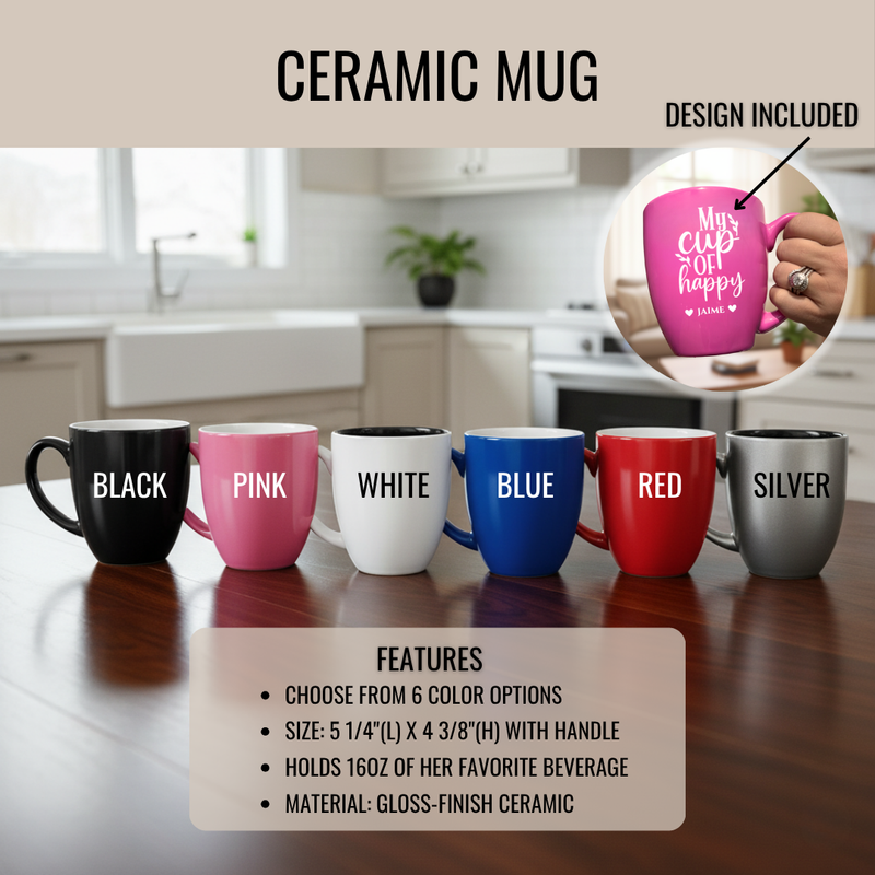 Six ceramic mugs in black, pink, white, blue, red, and silver arranged on a wooden counter, with an inset showing a pink mug engraved with sample text "Must Stay Happy" and "JAIME