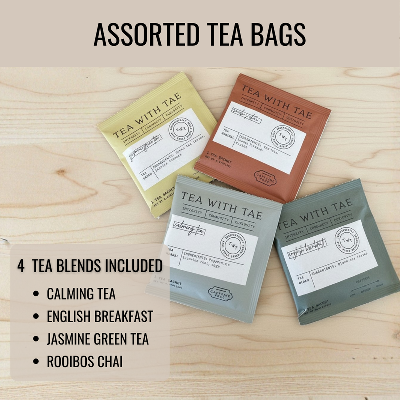 Four assorted tea bag boxes in yellow, rust, light gray, and sage green, labeled Tea with Tae, displayed on light wood with sample personalized names and four tea blend varieties listed.