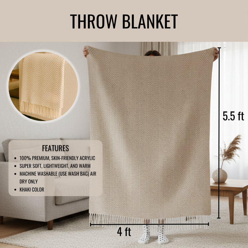 Khaki herringbone throw blanket displayed at 5.5 feet tall by 4 feet wide, showing texture detail in circular inset and fringe trim along bottom edge