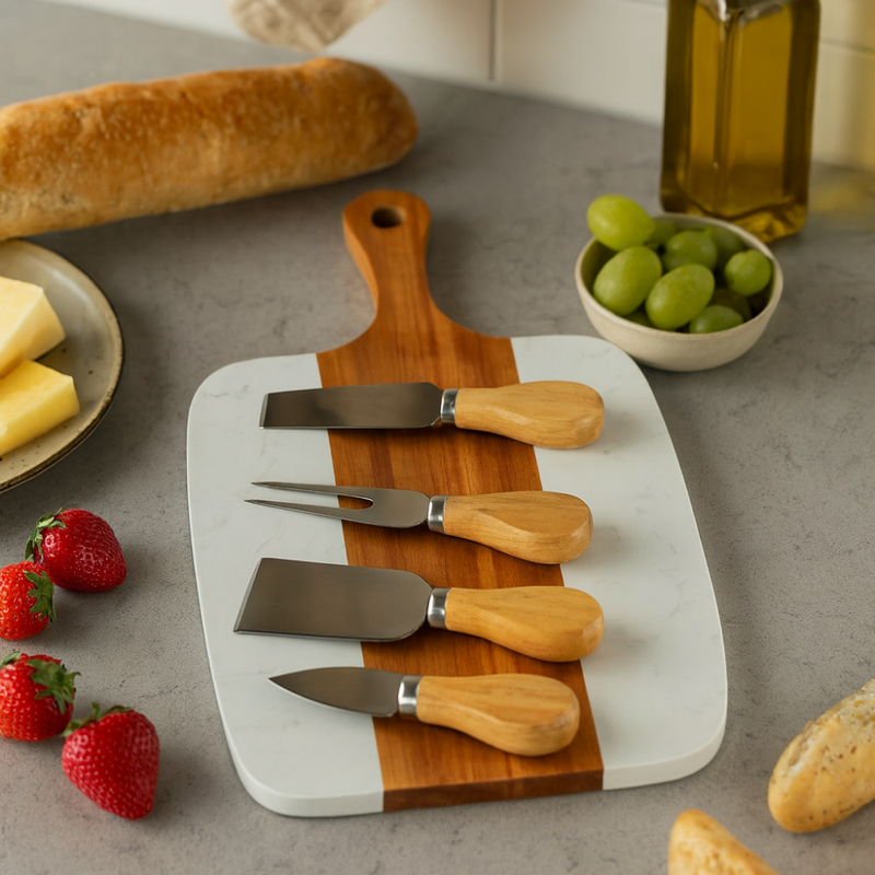 Marble and acacia wood serving board with four cheese knives featuring wooden handles arranged on the surface, surrounded by bread, cheese, olives, and strawberries