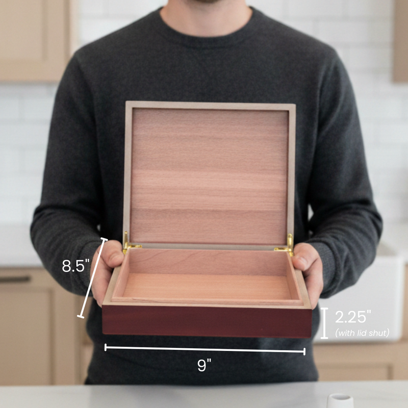 Wooden keepsake box with burgundy exterior and light wood interior, open to show dimensions of 9 inches wide, 8.5 inches tall, and 2.25 inches deep with lid closed