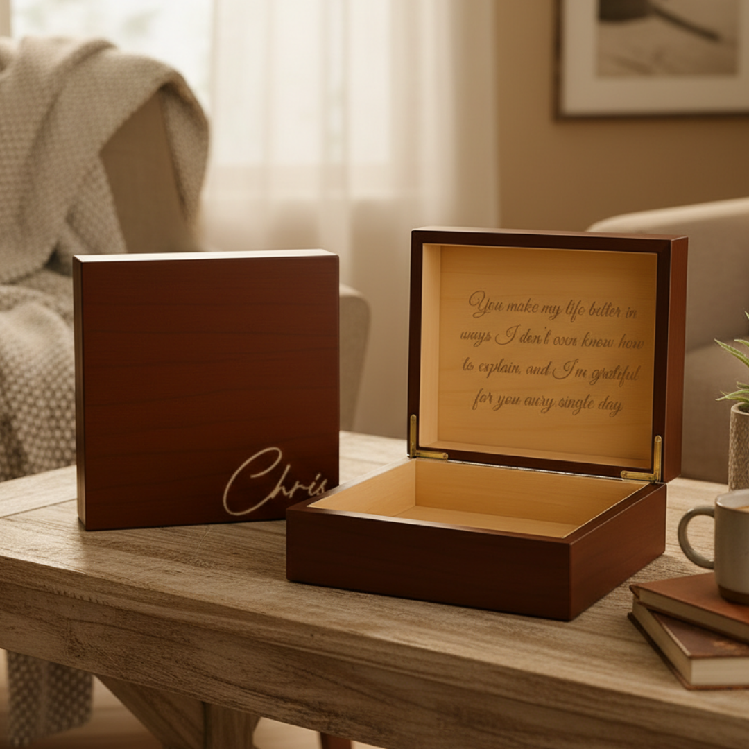 Dark wood keepsake box open to display laser-engraved sample message inside lid and empty storage compartment below, with sample name engraved on exterior.