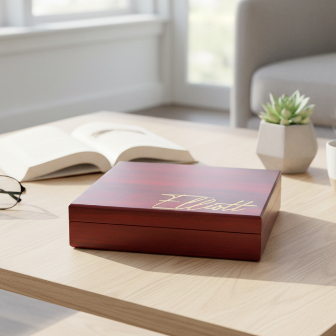 Deep burgundy wooden keepsake box with sample name "Elliott" engraved in gold script on lid, displayed on light wood desk with open book and potted succulent