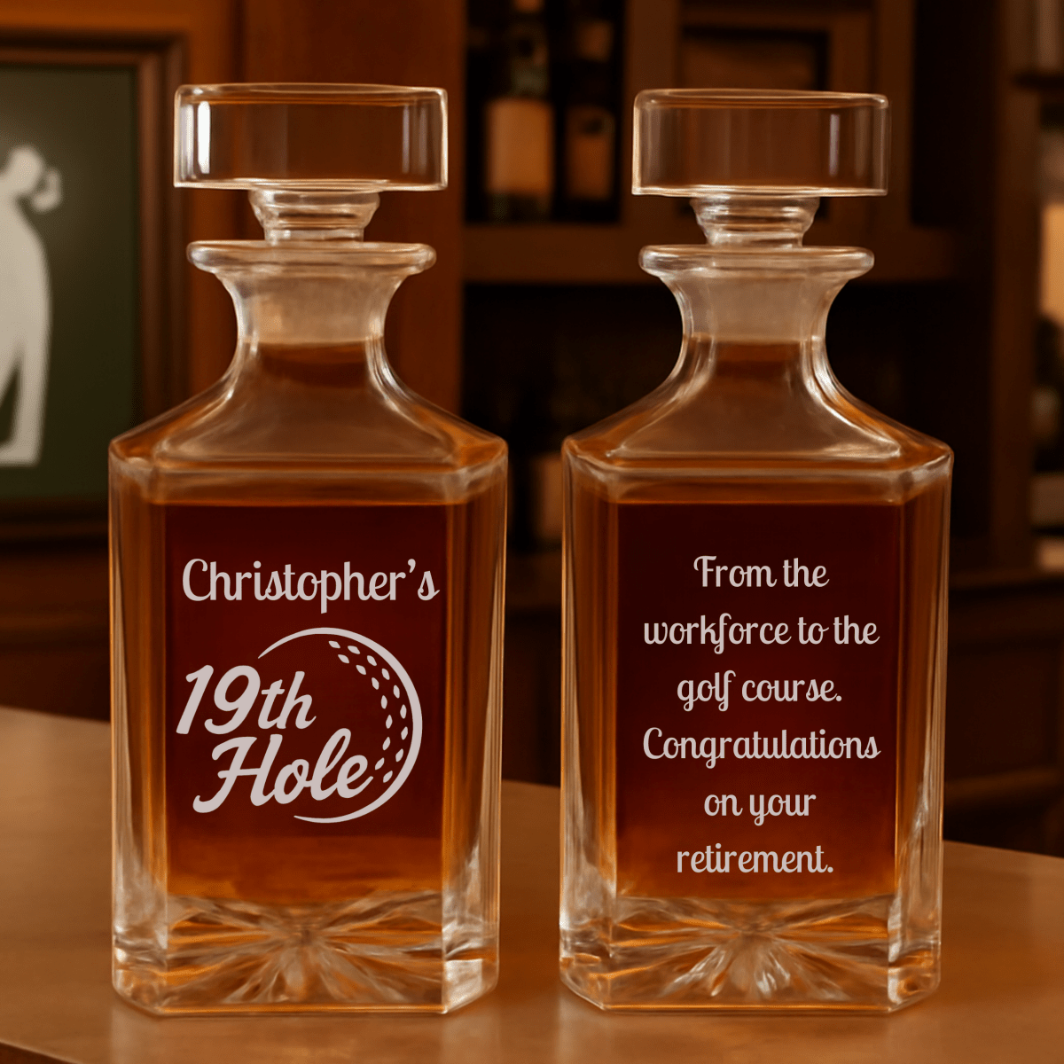 The 19th Hole Decanter, personalized golf-themed 26oz glass whiskey decanter for Father's Day