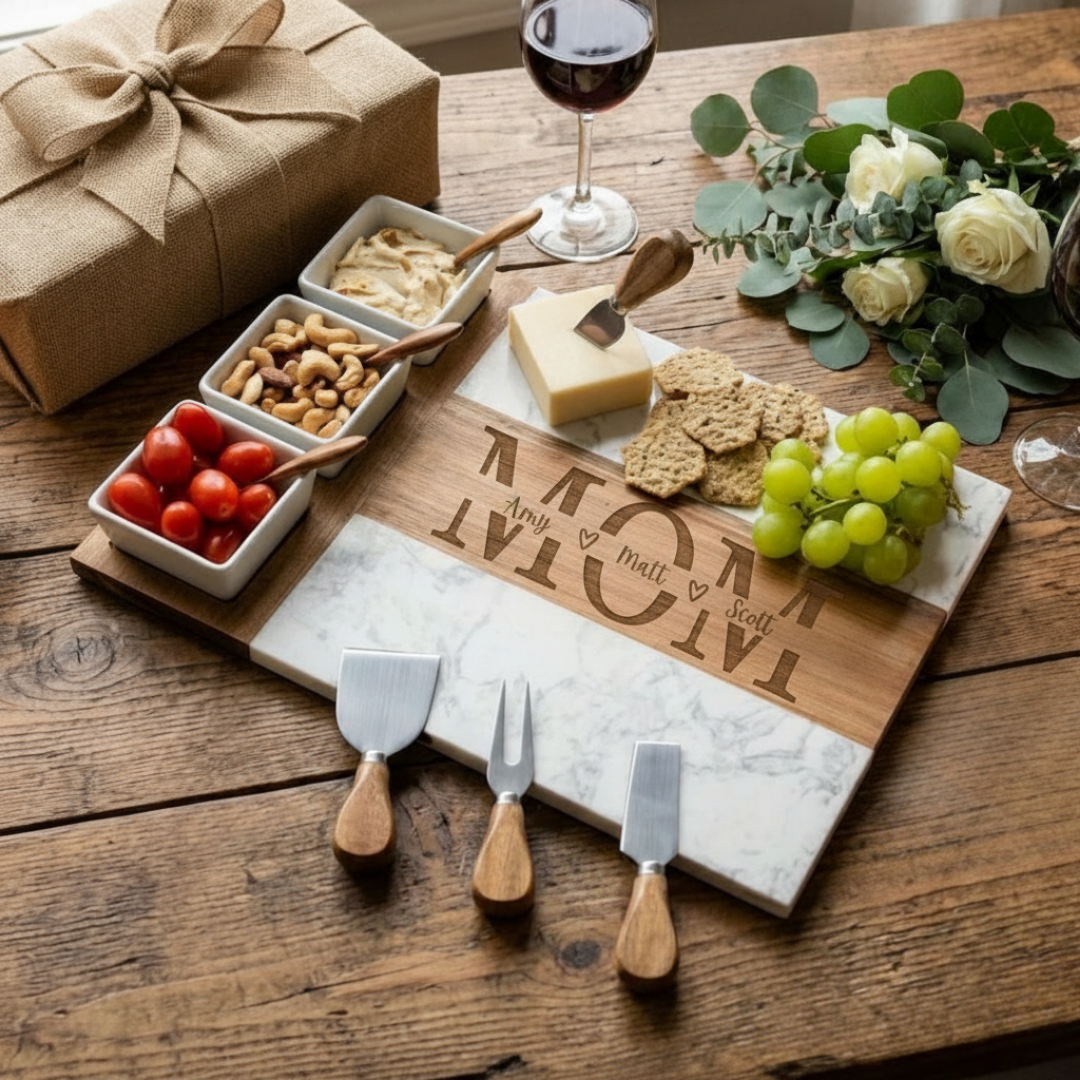 Personalized marble and acacia charcuterie board engraved with children's names for me