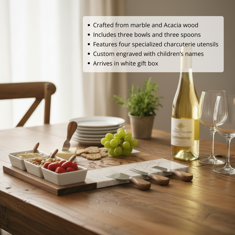 Marble and acacia wood charcuterie board styled on a dining table with three white bowls, wooden spoons, cheese knives, grapes, crackers, and wine
