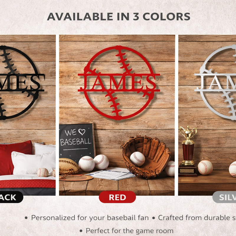 Baseball metal sign displayed in black, red, and silver finishes mounted on wooden wall, each engraved with sample name "JAMES" in center circle design