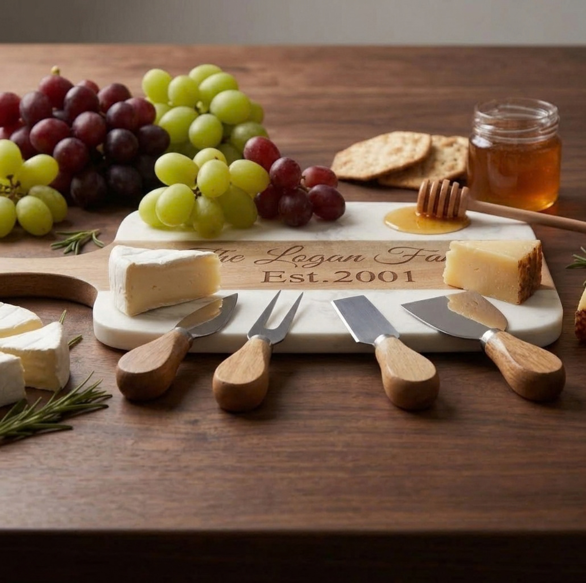 Script Paddle Charcuterie Board engraved The Logan Family on a dark wood dining table, set with brie, grapes, honey, crackers and four wood-handled cheese tools