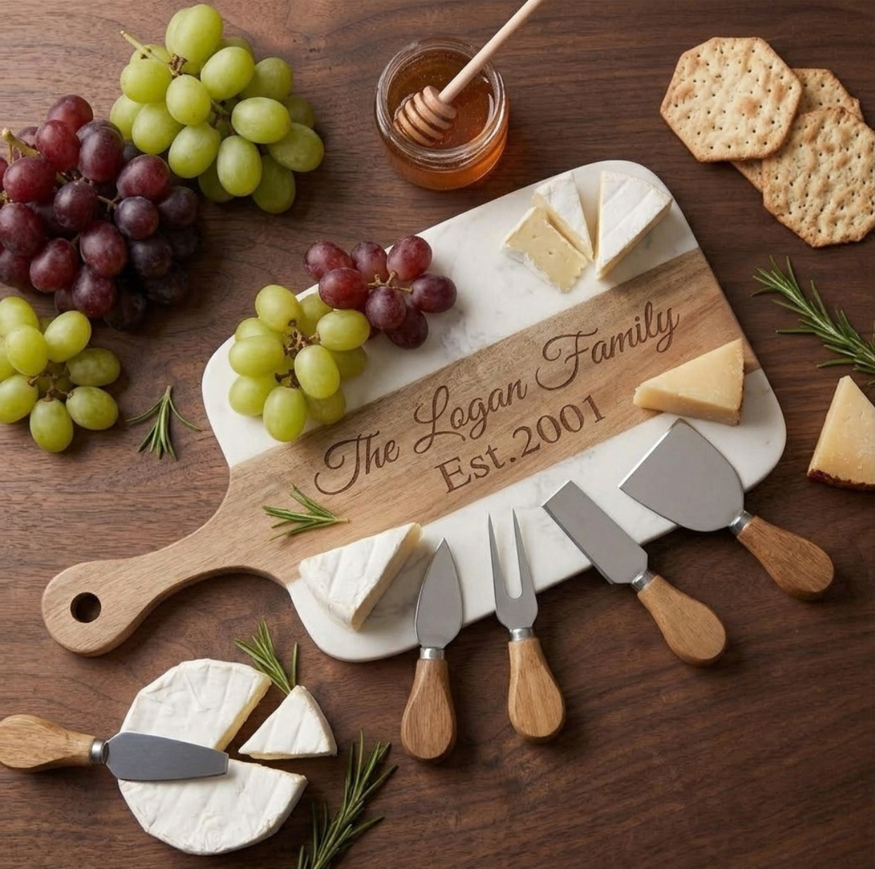 Marble and acacia paddle charcuterie board engraved The Logan Family and Est.2001, with four cheese tools, grapes, crackers and brie on a wood table