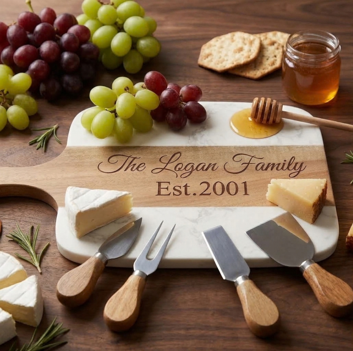 Front view of the acacia strip engraved The Logan Family in script and Est.2001 in serif, with brie, grapes, honey and four cheese tools on the board