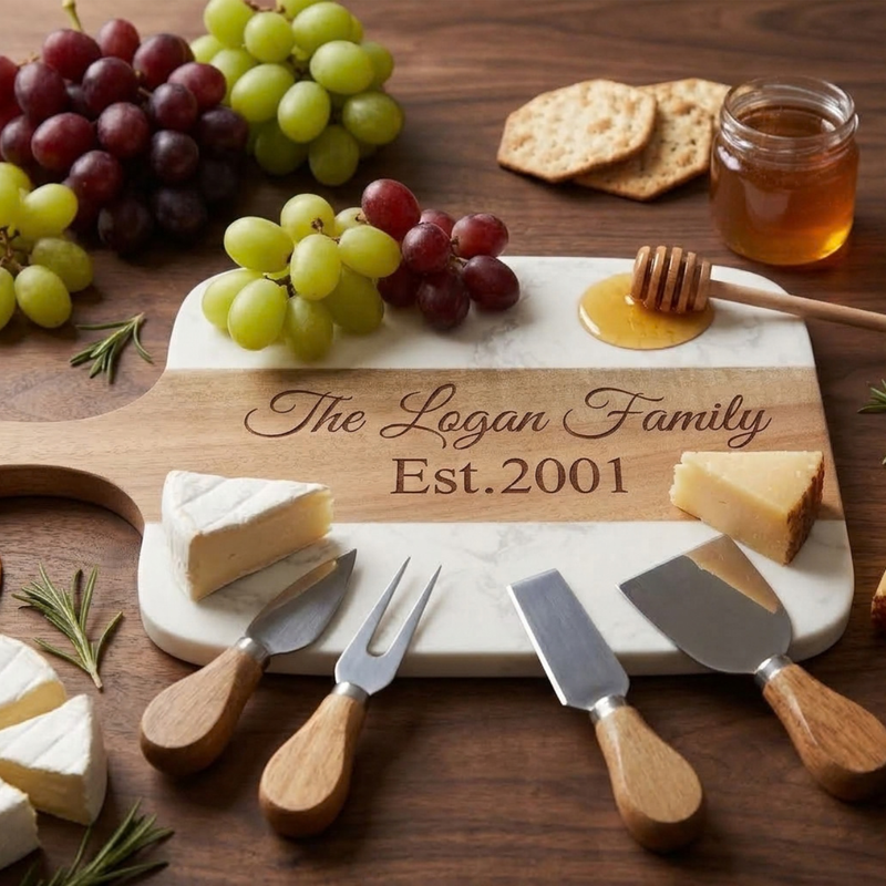 Front view of the acacia strip engraved The Logan Family in script and Est.2001 in serif, with brie, grapes, honey and four cheese tools on the board