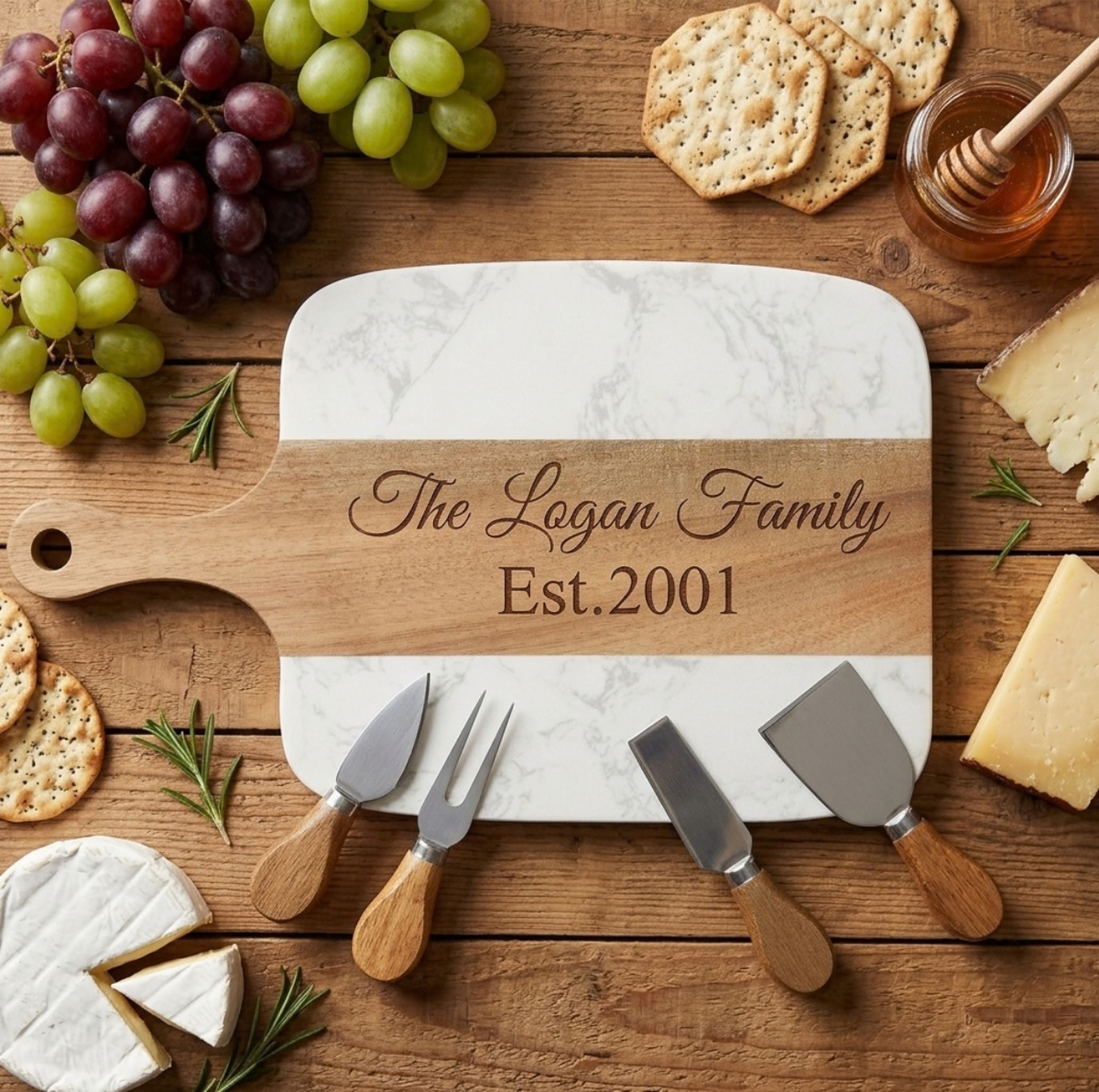 Marble and acacia paddle charcuterie board engraved The Logan Family and Est.2001, with four cheese tools, grapes, crackers and brie on a wood table