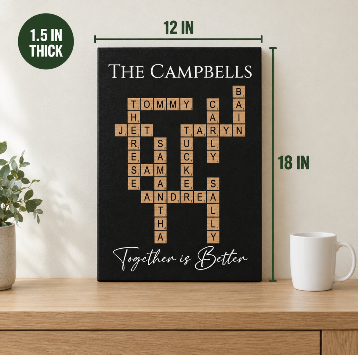 Family Crossword Wall Art on a console table beside a coffee mug with lines marking 12 inches wide by 18 inches tall and a badge showing 1.5 inches thick