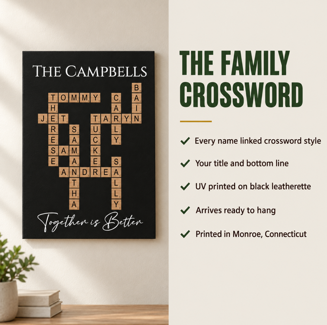 Family Crossword Wall Art reading The Campbells beside a linen panel listing the crossword names, custom top and bottom lines, leatherette and hanger
