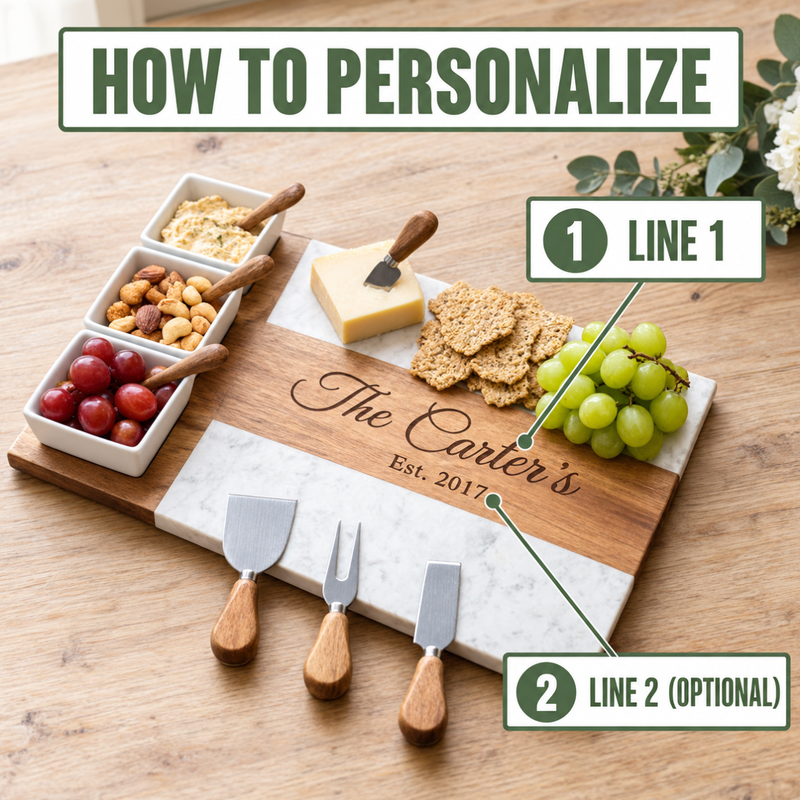 How to personalize the Marble Grove charcuterie board: numbered guide showing where Line 1 and the optional Line 2 are engraved on the acacia wood center
