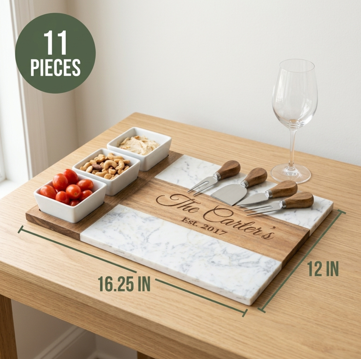 Marble Grove charcuterie board measuring 16.25 inches long by 12 inches wide beside a wine glass for scale, with a badge showing the 11 piece set