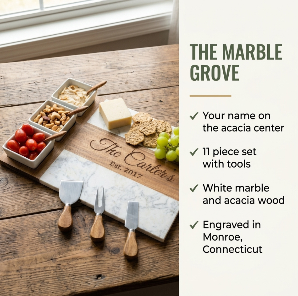 Marble Grove charcuterie board details: family name engraved on the acacia center, 11 piece set with tools, white marble and acacia wood, engraved in Monroe, Connecticut