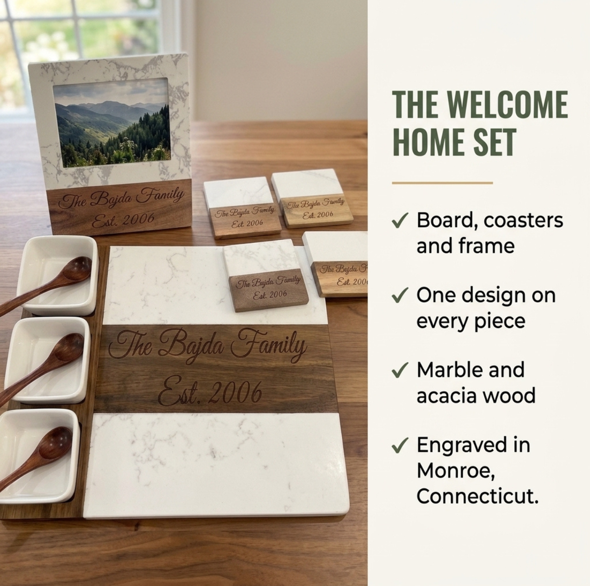 Marble Home Welcome Set details: board, coasters,, and frame in matching marble and acacia, one design engraved on every piece, engraved in Monroe, CT. 
