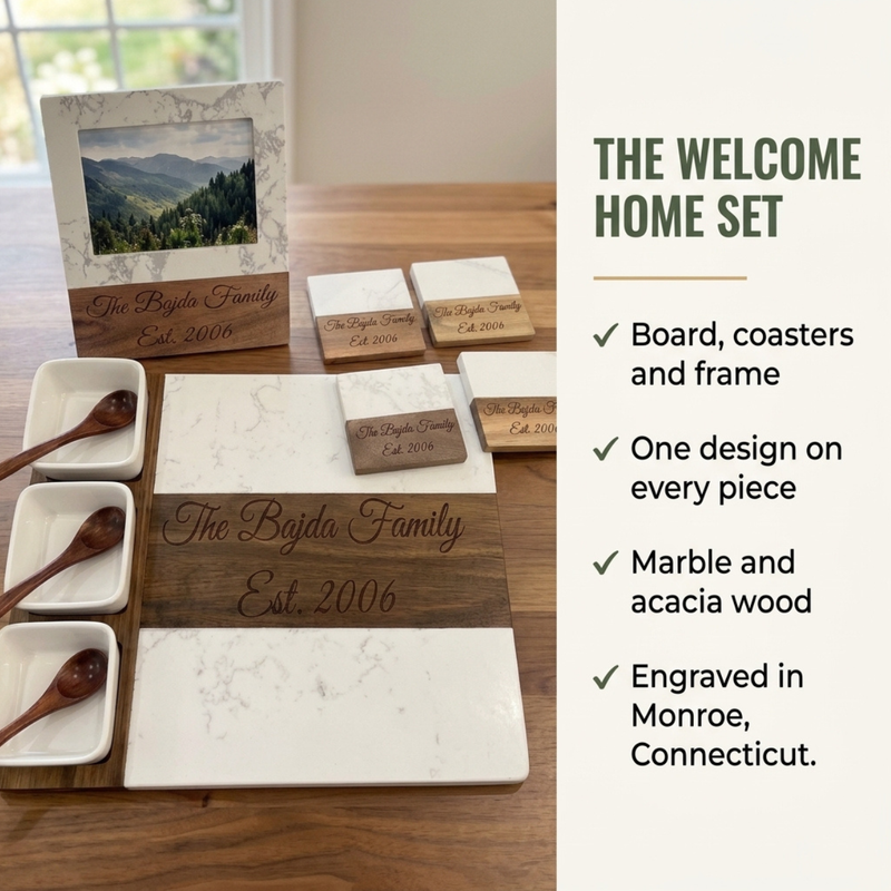 Marble Home Welcome Set details: board, coasters,, and frame in matching marble and acacia, one design engraved on every piece, engraved in Monroe, CT. 