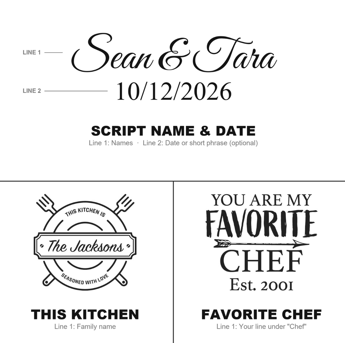 Design guide for the Custom Butcher Block: Script Name &amp; Date with Line 1 and Line 2, the This Kitchen emblem and the Favorite Chef design
